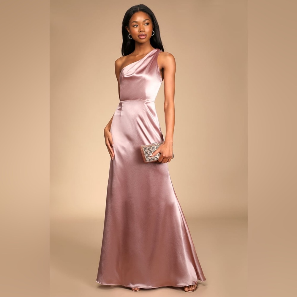 Lulus On the Guest List Mauve Satin One-Shoulder Maxi Dress